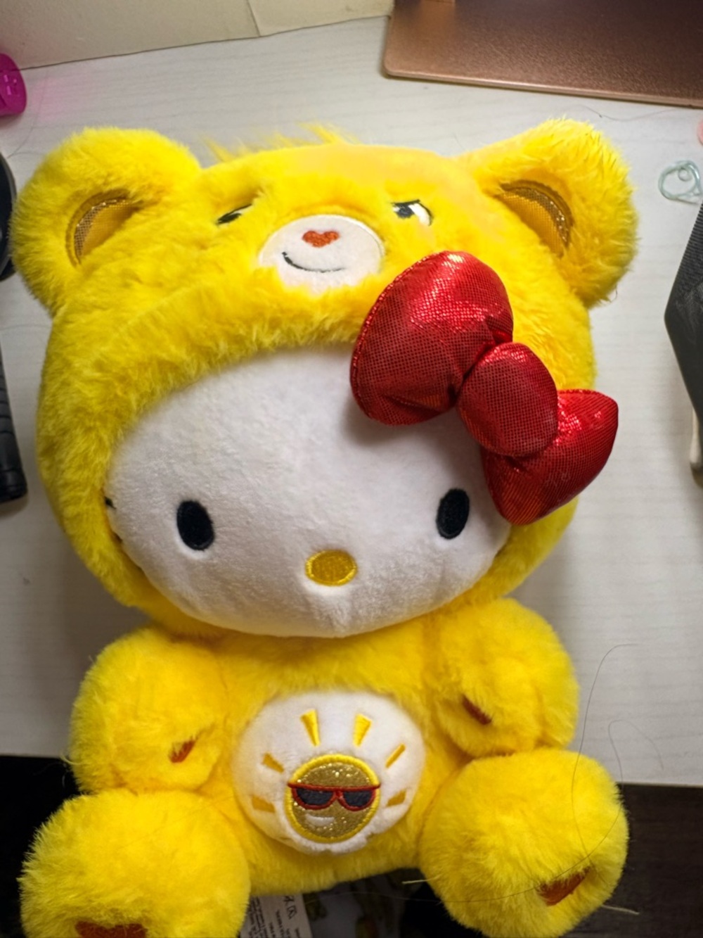 Hello Kitty Yellow Bear Plush with Red Shiny Bow